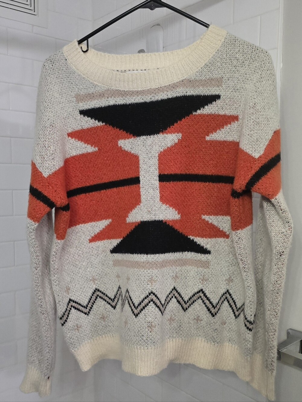 Cream & Orange Geometric Crewneck Sweater